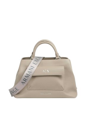 Beige Lederhandtasche von Armani Exchange mit geschwungenen Griffen, Fronttasche und grauem, mit Logo bedrucktem Stoff-Schulterriemen.