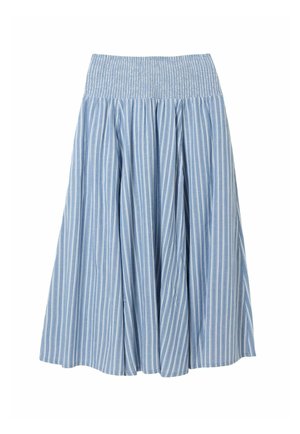 Blue and white vertical striped midi skirt with gathered, smocked elastic waistband and flowing A-line silhouette.