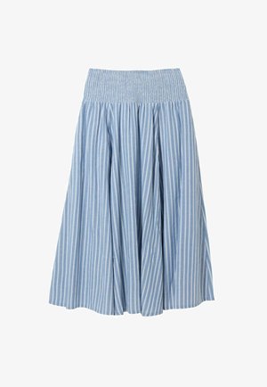 Blå og hvide, lodrette stribede midi-nederdel med indsamlet, smocket elastisk taljebånd og flydende A-formet silhuet.