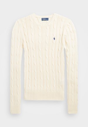 Kremfarget cable-knit genser med lange ermer, ribbede mansjetter og hem, med en liten brodert logo på venstre bryst.