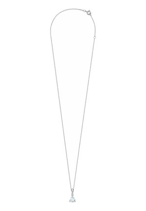 Collier en chaîne argentée avec un pendentif triangulaire transparent et une petite pierre d'accent au-dessus. La chaîne est fine et délicate dans son design.