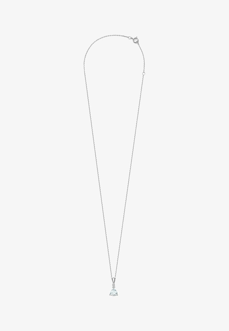Collana in argento con pendente triangolare trasparente e una piccola pietra decorativa sopra di esso. La catena è sottile e dal design delicato.