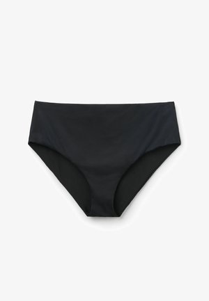 Zwarte bikinibroekjes met hoge taille, een gladde afwerking en een matige beenbedekking, weergegeven tegen een effen witte achtergrond.