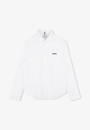 Wit shirt met lange mouwen van katoen, met een button-down kraag, knopen aan de voorkant en een klein zwart "BOSS" logo op de linkerborst.