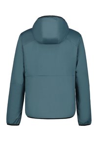 Puffjacka i teal med huva, med en slät, lätt väv och elastiska ärmslut. Baksidan har en ren, minimalistisk design.