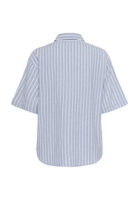Chemise bleu clair à manches courtes avec des rayures verticales blanches et un col, vue de dos sur fond blanc.