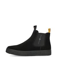 Stivale alla caviglia in suede nero con pannelli laterali elastici, suola in gomma testurizzata e linguette per la presa; presenta un piccolo logo sul pannello laterale.