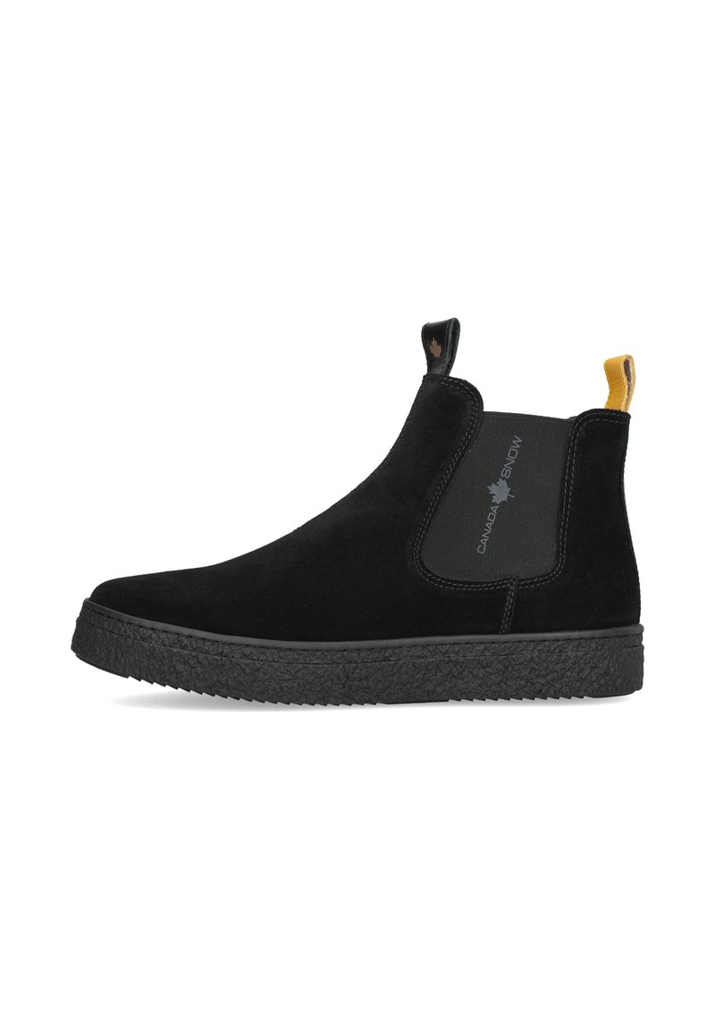 Stivale alla caviglia in suede nero con pannelli laterali elastici, suola in gomma testurizzata e linguette per la presa; presenta un piccolo logo sul pannello laterale.