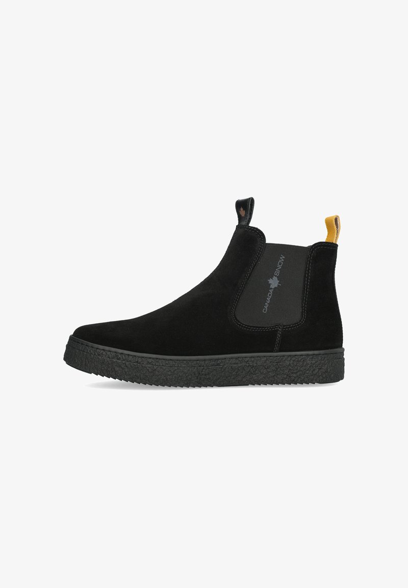 Schwarze Wildleder-Ankle-Boots mit elastischen Seiteneinsätzen, strukturiertem Gummisohle und Zuglaschen; verfügt über ein kleines Logo auf dem seitlichen Einsatz.