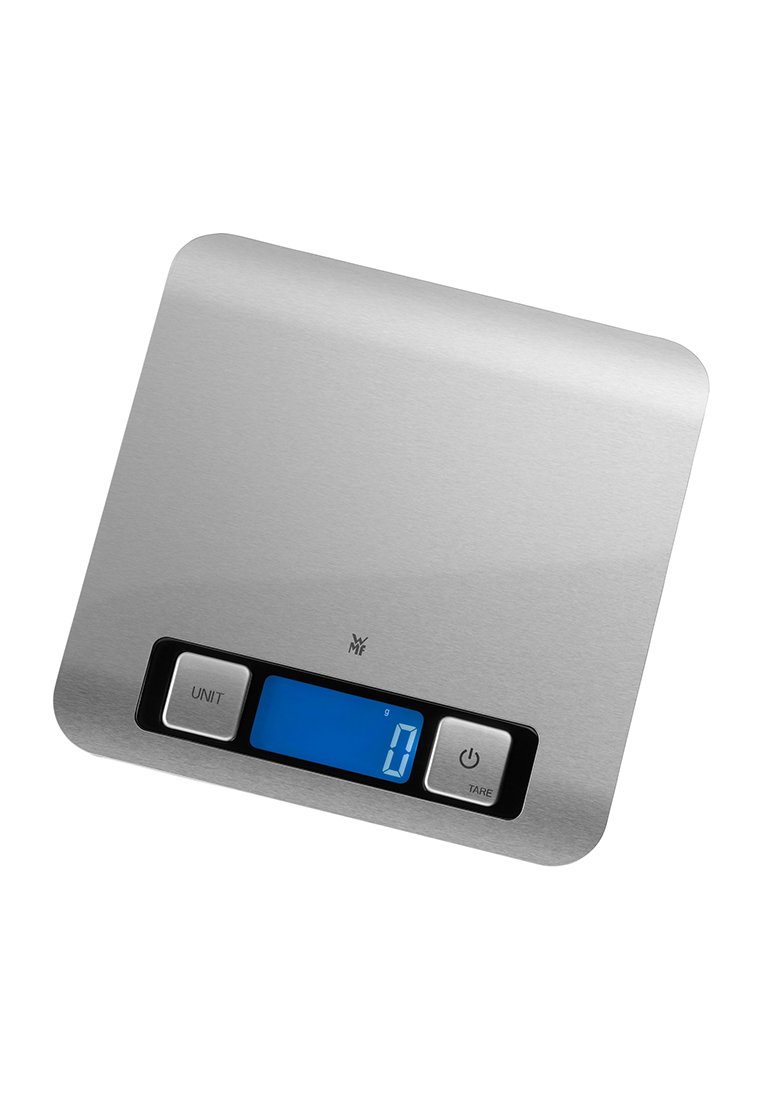 Digitale keukenschaal met een roestvrijstalen oppervlak, blauwe LCD-display en drie knoppen gemarkeerd met EINHEID, TARIE en power.