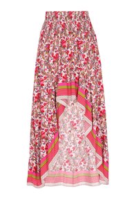 Blumen-midi Rock aus leichtem Stoff, mit elastischem Bund, rosa und grünen gestreiften Akzenten und einem geschichteten Saum mit Spitzenbesatz.