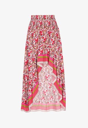 Virágmintás midi szoknya könnyű anyagból, rugalmas derékrésszel, rózsaszín és zöld csíkokkal, valamint csipkével szegélyezett, rétegelt hemmel.