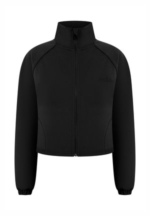 Czarna krótka kurtka z zamkiem z przodu, wysokim kołnierzem, długimi rękawami i elastycznymi mankietami.