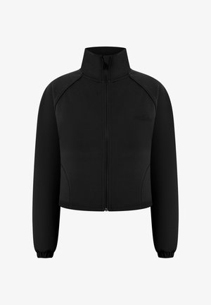 Czarna krótka kurtka z zamkiem z przodu, wysokim kołnierzem, długimi rękawami i elastycznymi mankietami.