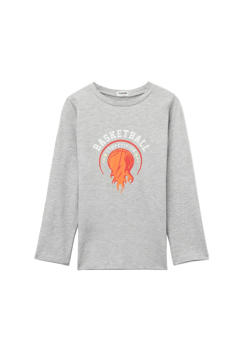 Graues Langarm-T-Shirt aus Baumwolle mit einem Basketball-Graphic in Orange und Rot, mit dem Text "BASKETBALLWETTBEWERB."