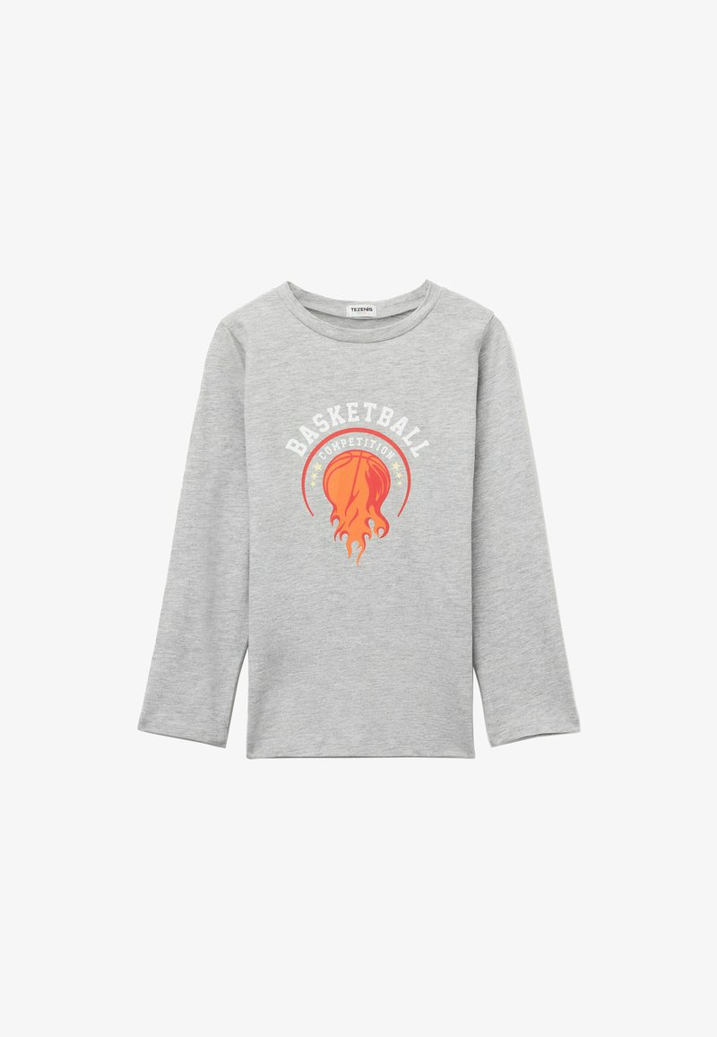 Graues Langarm-T-Shirt aus Baumwolle mit einem Basketball-Graphic in Orange und Rot, mit dem Text "BASKETBALLWETTBEWERB."