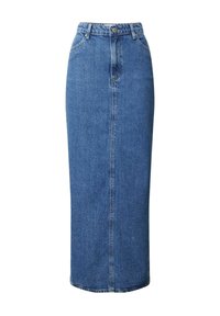 Denim rok van blauwe katoen, met een hoge taille, rechte snit en een sluiting met knopen aan de voorkant. Heeft riemlussen en is op knielengte.