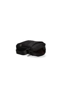 Borsa a tracolla nera in tessuto con chiusura a zip, forma rettangolare, tracolla regolabile e design elegante. Presenta due scomparti con zip.