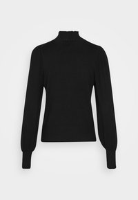 Schwarzer Pullover mit langen Ärmeln, hohen gerippten Kragen, eng anliegenden Bündchen und leicht puffierten Schultern. Glatte Textur und einfarbig ohne Muster.