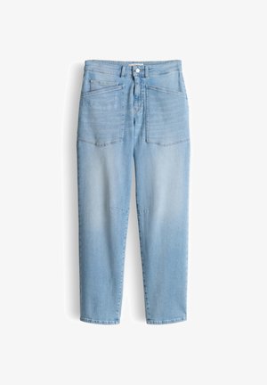 Jean en denim bleu clair avec taille haute, grandes poches plaquées avant, fermeture par boutons et coupe droite.