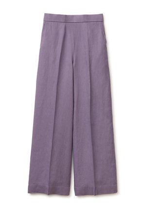 Lniane spodnie o szerokich nogawkach w kolorze lawendowym, z wysokim stanem i bocznymi kieszeniami, przedstawione na płasko na białym tle.