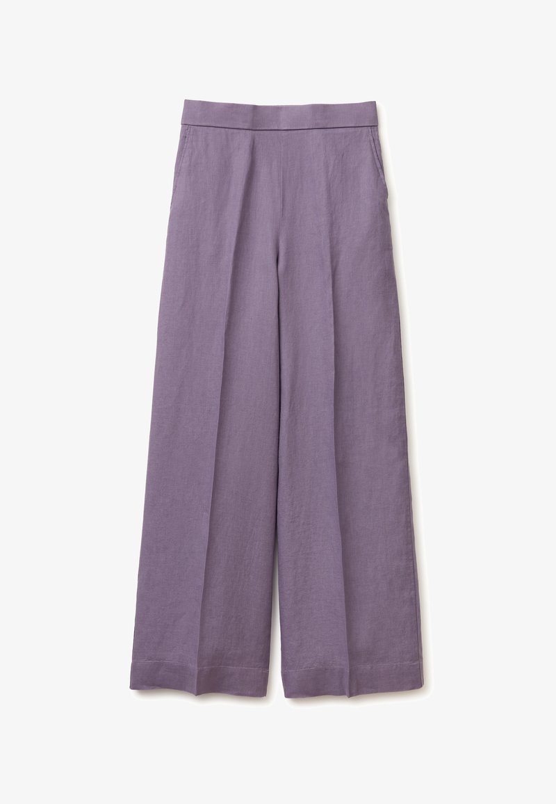 Wijd uitlopende linnenbroek in lavendel met een hoge taille en zijzakken, plat gelegd op een witte achtergrond.