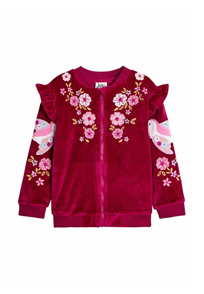 Giacca con zip in velluto rosa scuro per ragazze, con ricami floreali e disegni di uccelli sulle maniche, caratterizzata da dettagli arricciati sulle spalle.