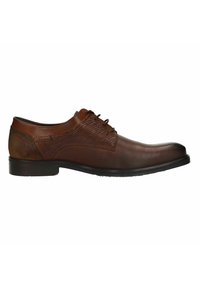 Chaussure en cuir marron à lacets avec une finition lisse, un panneau latéral texturé et un bout arrondi. Semelle en caoutchouc noire et léger accent de talon.