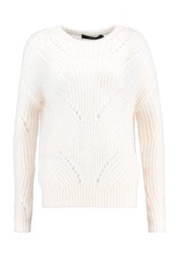 Valkoinen neulepusero, jossa on pitsikuvio, pitkät hihat sekä ribatusta hihansuissa ja helmassa, esillä yksinkertaisella valkoisella taustalla.