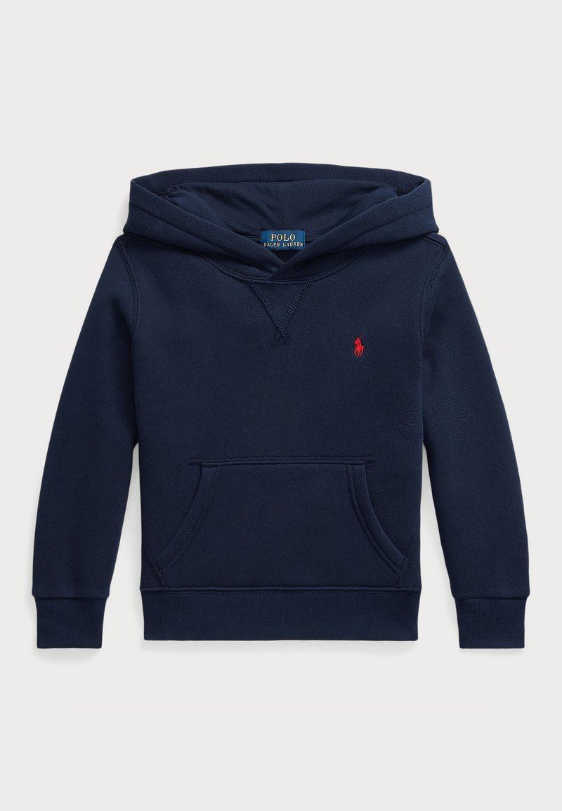 Sudadera azul marino hecha de una mezcla de algodón, con un bolsillo delantero, puños acanalados y un pequeño logo rojo en el pecho.
