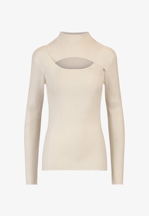 Ribbed, długi rękaw w kolorze kremowym, z wysokim kołnierzem i wycięciem po lewej stronie. Miękki, elastyczny materiał. Dopasowany krój.