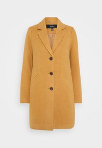 Mustard wool coat with a fitted design, single button closure, two side pockets, and notch lapels. Smooth texture, knee-length.