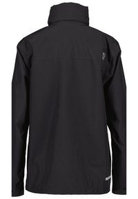 Jachetă waterproof neagră, cu guler înalt, mâneci lungi și un design simplu. Include accente reflective pe spate.