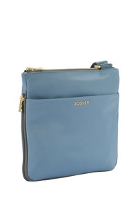 Borsa sintetica blu con una texture liscia, caratterizzata da un logo dorato, una chiusura con zip e una tasca esterna. Accentuata da dettagli grigi.