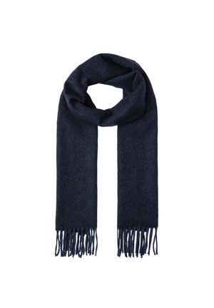 Dark navy wool scarf with a soft texture, featuring fringed edges and a simple, rectangular design.