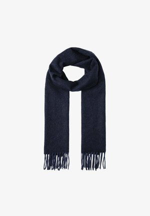 Donkerblauwe wollen sjaal met een zachte textuur, voorzien van franjes aan de randen en een eenvoudig, rechthoekig ontwerp.