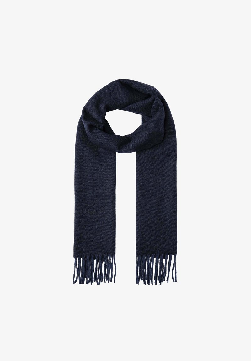 Mørk marineblå uldhalstørklæde med en blød tekstur, der har frynser i kanterne og et enkelt, rektangulært design.