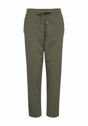 Pantaloni verde oliva con vita regolabile tramite cordoncino, design a gamba affusolata, texture morbida e dettagli laterali per un tocco in più.