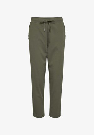 Pantalons vert olive avec taille à cordon, design à jambe fuselée, texture douce et accents latéraux pour plus de détails.