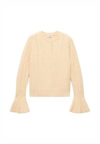 Maglione a maglia color crema con motivo a trecce, colletto rotondo e maniche a campana, adagiato su uno sfondo bianco.