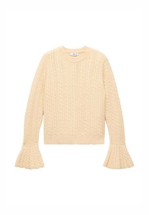 Maglione a maglia color crema con motivo a trecce, colletto rotondo e maniche a campana, adagiato su uno sfondo bianco.