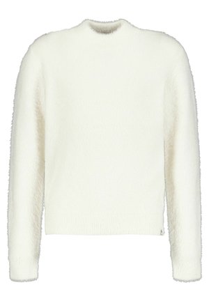 Hvid langærmet, blød og tekstureret sweater med rund hals, vist mod en ensfarvet hvid baggrund.