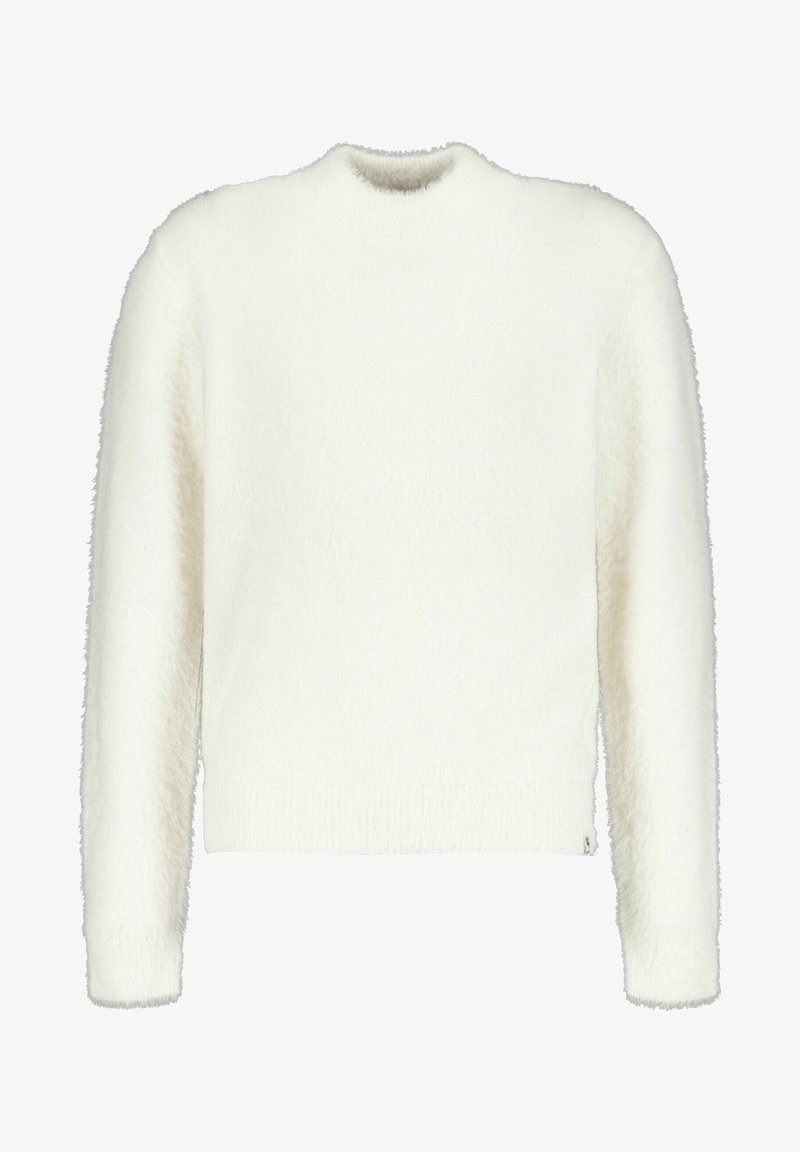 Pull blanc à manches longues, duveteux, avec un col rond et un tissu doux et texturé, présenté sur un fond blanc uni.