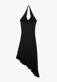 Schwarzes Neckholder-Kleid mit drapiertem Ausschnitt, asymmetrischem Saum und gerafftem Rand. Hergestellt aus glattem Stoff mit einer figurbetonten Silhouette.