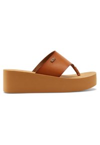 Brown faux leather platform flip-flops with a wide strap, inscribed logo accent, and a textured cork insole. Thick beige rubber sole.