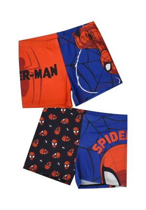 Children's swim trunks with Spider-Man designs in red, blue, and black featuring webs, Spider-Man faces, and printed text.