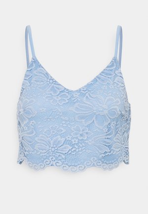 Bralette en dentelle bleu clair avec motifs floraux, ourlet festonné et bretelles fines réglables.