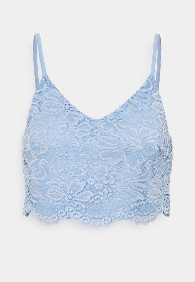 Bralette en dentelle bleu clair avec motifs floraux, ourlet festonné et bretelles fines réglables.