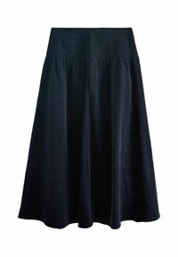 Fustă A-line de culoare albastru închis, realizată dintr-un material moale. Prezintă o talie ajustată cu pliseuri, căzând spre un tiv fluid. Textură netedă și linii curate.