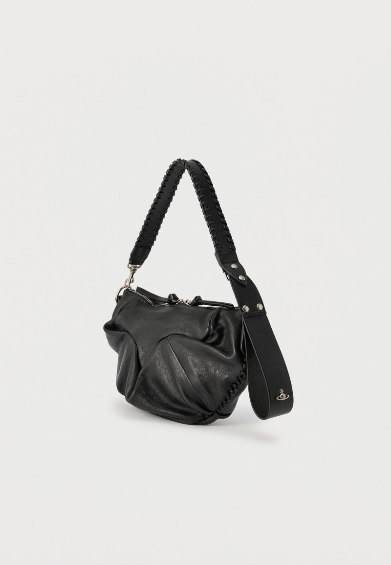 Black leather shoulder bag with gathered design, braided strap, zipper closure, and detachable wide strap with metal logo detail.